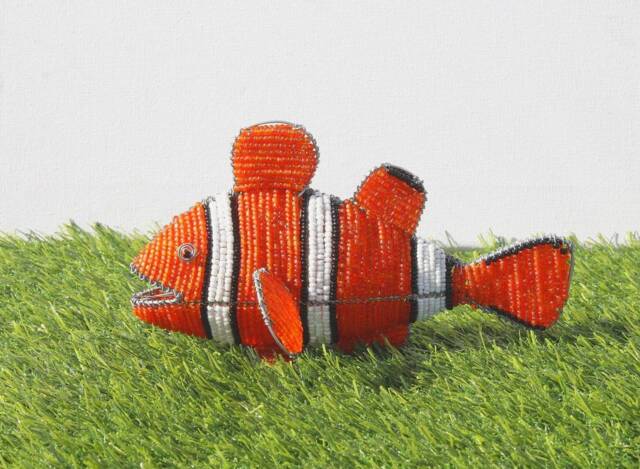 Beaded Clown Fish Art, Orange Glitter Decor, Handmade Wire Sculpture - image 1