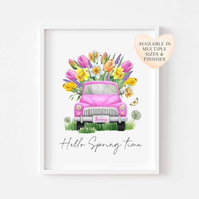 Pink Spring Truck Floral Print Watercolour Wall Art - Unframed - image 1