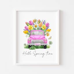 Pink Spring Truck Floral Print Watercolour Wall Art - Unframed - thumbnail 2