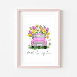 Pink Spring Truck Floral Print Watercolour Wall Art - Unframed - thumbnail 3