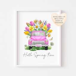 Pink Spring Truck Floral Print Watercolour Wall Art - Unframed
