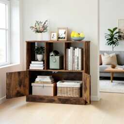 Rustic Brown 3-Cube Bookcase With Cabinet Modern Wooden Storage Shelf Organizer - thumbnail 3