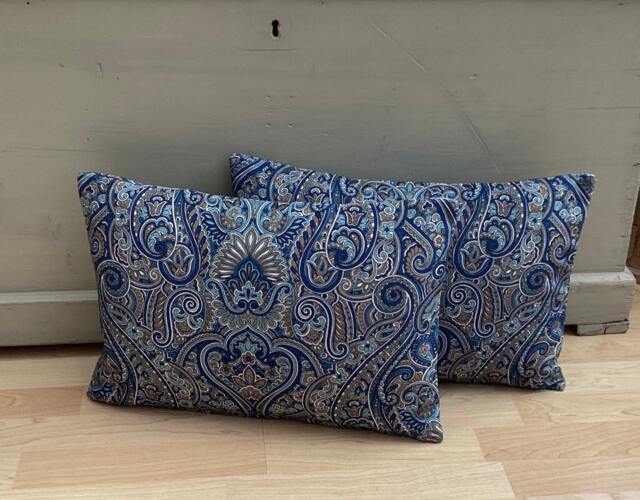 "Paisley Indigo Blue Velvet Lumbar Pillows Feather Filled, 16"" X 12" - image 1