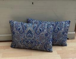 "Paisley Indigo Blue Velvet Lumbar Pillows Feather Filled, 16"" X 12" - thumbnail 1