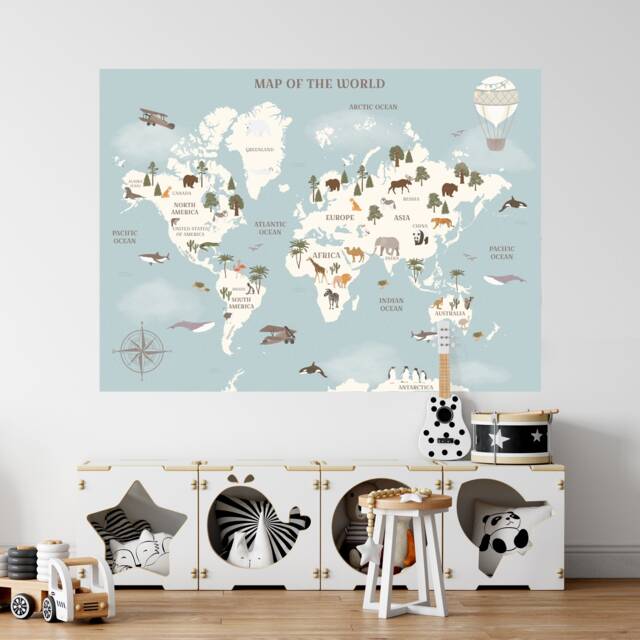 Map Of The World Wall Sticker Decal Pastel Blue Children Kids Educational - image 1