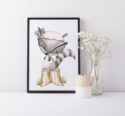 Boho Woodland Raccoon Nursery Wall Print, Baby Boy Decor, Theme A3, A4 Or A5 - thumbnail 1