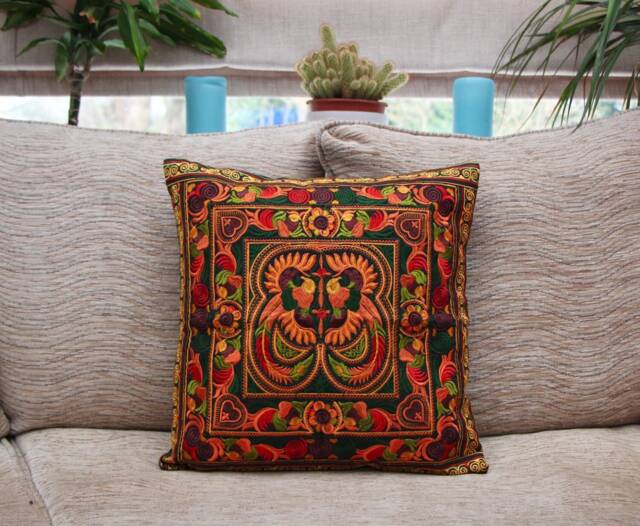 Orange Embroidered Cushion Cover, Thai Cushion, Hmong Hilltribe, Bohemian Boho Colourful Throw Pillow - image 1