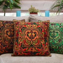 Orange Embroidered Cushion Cover, Thai Cushion, Hmong Hilltribe, Bohemian Boho Colourful Throw Pillow - thumbnail 2