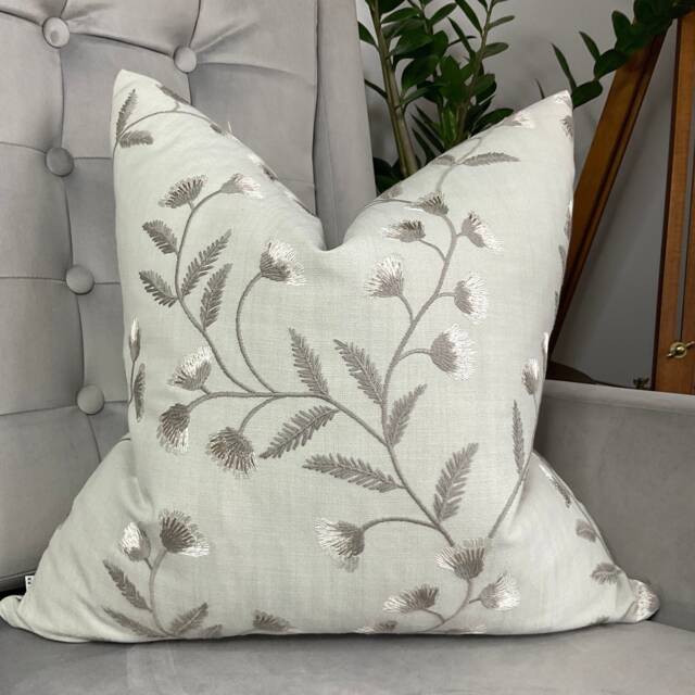 Embroidery Leaf Flower Design, Cushion Cover, Decorative Pillow Duck Egg John Lewis & Partners Fabric Worldwide Shipping - image 1