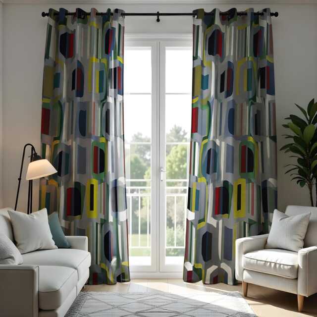 Mid-Century Modern Curtains With Geometric Pattern, Made To Measure Curtain Panels, Retro Style Window Drapes For Living Room Or Bedroom - image 1