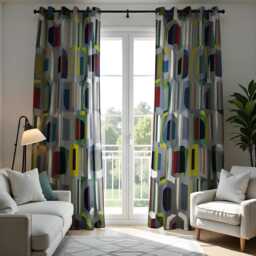 Mid-Century Modern Curtains With Geometric Pattern, Made To Measure Curtain Panels, Retro Style Window Drapes For Living Room Or Bedroom - thumbnail 1
