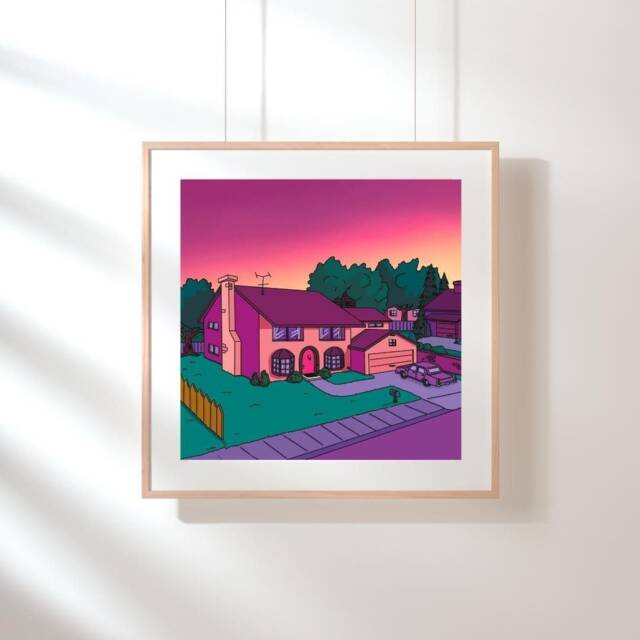 Simpsons Evergreen Terrace Art Print Pink Sunset Watercolor Style - image 1