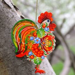 Rooster Christmas Ornaments Made Of Wood & Hand Painted Chicken Decorations Ukrainian Traditional Handmade in Petrykivka Style - thumbnail 3