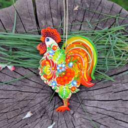 Rooster Christmas Ornaments Made Of Wood & Hand Painted Chicken Decorations Ukrainian Traditional Handmade in Petrykivka Style - thumbnail 2