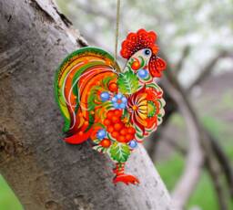 Rooster Christmas Ornaments Made Of Wood & Hand Painted Chicken Decorations Ukrainian Traditional Handmade in Petrykivka Style