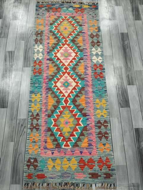 Colourful Runner Rug, Handmade Artisan Afghan Turkish, Scandinavian, Navajo, Bohemian, Wool Flatweave Multicolour Kilim Rug 194x75 cm - image 1