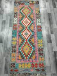 Colourful Runner Rug, Handmade Artisan Afghan Turkish, Scandinavian, Navajo, Bohemian, Wool Flatweave Multicolour Kilim Rug 194x75 cm - thumbnail 1