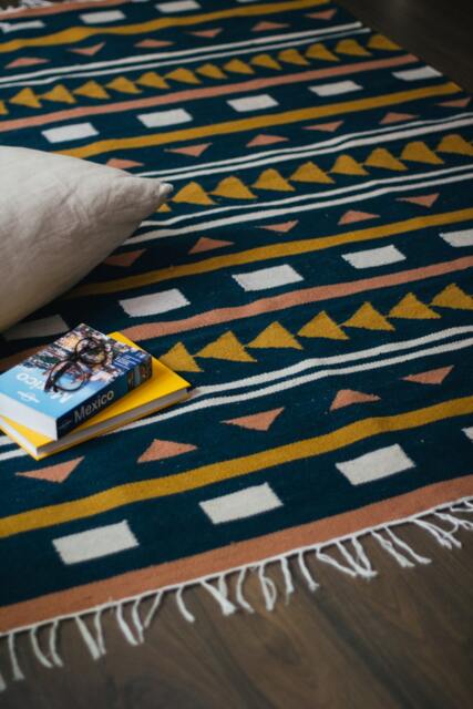 Tribal Handcrafted Flatwoven Modern Kilim Rug Wool Area Rug Runner Aztec Boho Style Indigo 5x7 6x9 8x10 9x12 Living Room Decor Spring - image 1