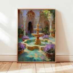 Spanish Courtyard Fountain Poster, Mediterranean Garden Wall Art, Colorful Floral Patio Print, Seville Style Home Decor, Summer Art Print - thumbnail 3