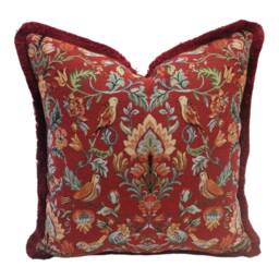William Morris Tapestry Cushion Red Birds Accent Pillow, Handmade - thumbnail 1