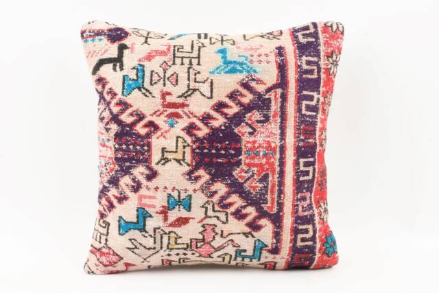Vintage Turkish Kilim Pillow Cover Handwoven Wool Rug Cushion - 16x16 - image 1