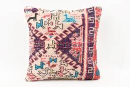 Vintage Turkish Kilim Pillow Cover Handwoven Wool Rug Cushion - 16x16 - thumbnail 1