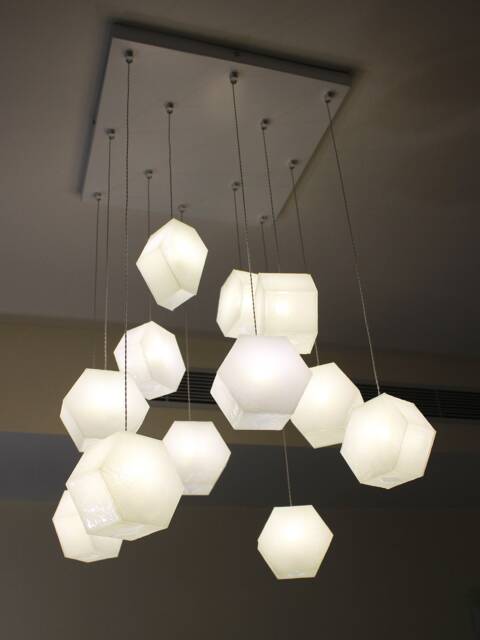 Ceiling Lighting Fixture With Multiple Fused Glass Hexagon Shaped Pendants. Hexalights Design - image 1