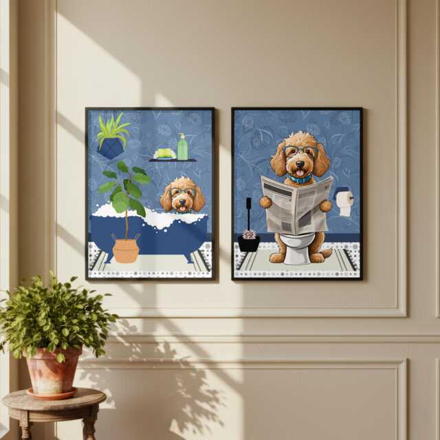 Goldendoodle Bathroom Prints, Bath & Toilet Art, Set Of Two Blue Doodle Prints. Funny Pet Portrait Glossy Print - image 1