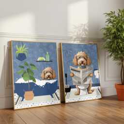 Goldendoodle Bathroom Prints, Bath & Toilet Art, Set Of Two Blue Doodle Prints. Funny Pet Portrait Glossy Print - thumbnail 2