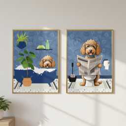 Goldendoodle Bathroom Prints, Bath & Toilet Art, Set Of Two Blue Doodle Prints. Funny Pet Portrait Glossy Print - thumbnail 3
