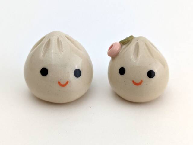 Two Cute Handmade Ceramic Dumplings - One With Flower. Happy Soup Dumplings. Xiao Long Bao. Small-Batch Ceramics. Hand-Painted Pottery - image 1