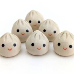 Two Cute Handmade Ceramic Dumplings - One With Flower. Happy Soup Dumplings. Xiao Long Bao. Small-Batch Ceramics. Hand-Painted Pottery - thumbnail 2