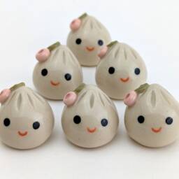 Two Cute Handmade Ceramic Dumplings - One With Flower. Happy Soup Dumplings. Xiao Long Bao. Small-Batch Ceramics. Hand-Painted Pottery - thumbnail 3