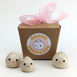 Two Cute Handmade Ceramic Dumplings - One With Flower. Happy Soup Dumplings. Xiao Long Bao. Small-Batch Ceramics. Hand-Painted Pottery - thumbnail 4