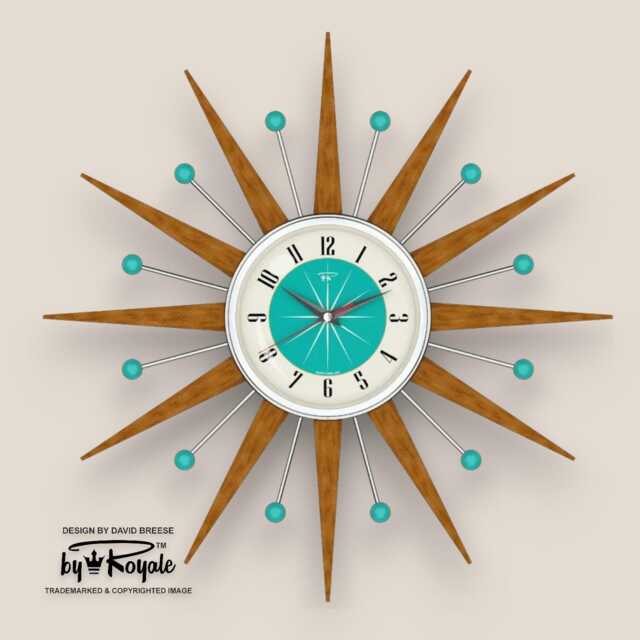 Teak Starburst Clock Mid Century Modern Wall Decor, 21 - image 1