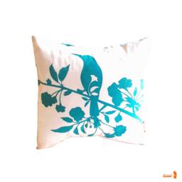 Teal Print On Off White Blooming Blossom-Mini 10.5 Inches Square Pillow - thumbnail 1