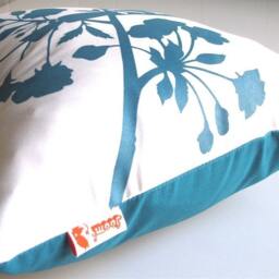Teal Print On Off White Blooming Blossom-Mini 10.5 Inches Square Pillow - thumbnail 4