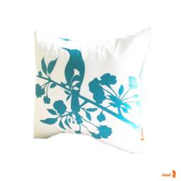 Teal Print On Off White Blooming Blossom-Mini 10.5 Inches Square Pillow - thumbnail 3
