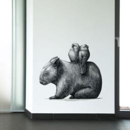 Wombat With 2 Galahs Wall Sticker Decal - Australian Animal Decals, Stickers, Kids, Native Animals Art - thumbnail 2