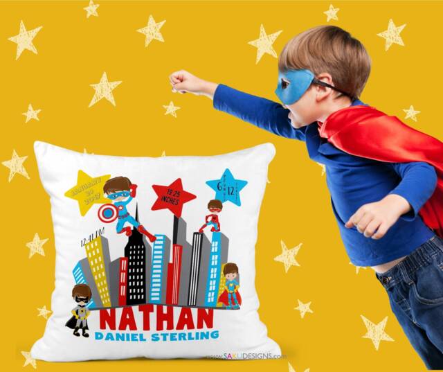 Superhero Baby Pillow-Baby Pillow-Birth Announcement-Nursery Decor-Baby Pillow-Personalized Pillow-New Baby-Birth Stats-Superhero-Comics - image 1