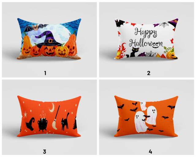Halloween White Ghost Black Cat Lumbar Cushion Cover/Pumpkin Witch Hat Rectangle Cushion/Happy Pillow Case/Haunted House - image 1