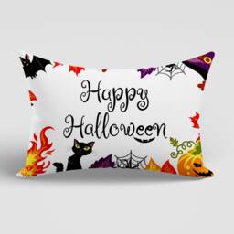 Halloween White Ghost Black Cat Lumbar Cushion Cover/Pumpkin Witch Hat Rectangle Cushion/Happy Pillow Case/Haunted House - thumbnail 3