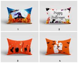 Halloween White Ghost Black Cat Lumbar Cushion Cover/Pumpkin Witch Hat Rectangle Cushion/Happy Pillow Case/Haunted House