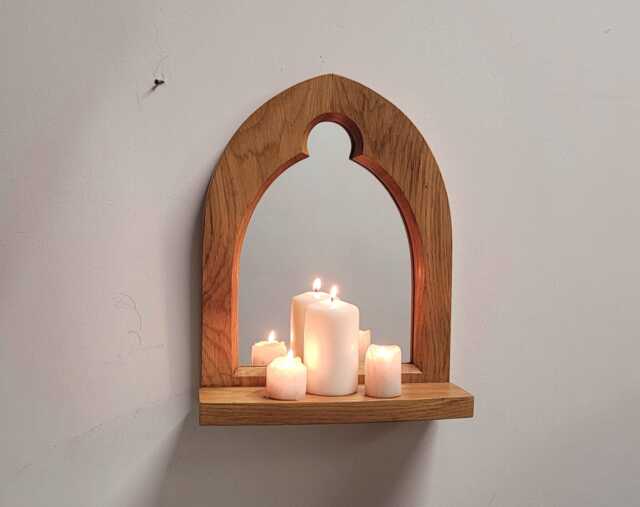 Unusual Gothic Arch Trefoil Keyhole Solid Wooden English Oak Mirror & Shelf 35.5 cm Long Hand Made - image 1