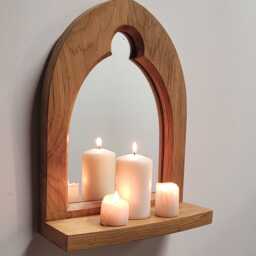 Unusual Gothic Arch Trefoil Keyhole Solid Wooden English Oak Mirror & Shelf 35.5 cm Long Hand Made - thumbnail 2