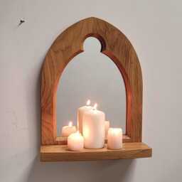 Unusual Gothic Arch Trefoil Keyhole Solid Wooden English Oak Mirror & Shelf 35.5 cm Long Hand Made - thumbnail 3