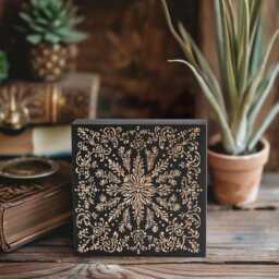 French Country Tile 1 Mini Engraved Wood Panel - Block Print Carved Home Decor, Woodcut Boho Floral Gift, Antique Wrought Iron Wall Art - thumbnail 2