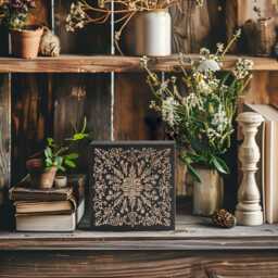 French Country Tile 1 Mini Engraved Wood Panel - Block Print Carved Home Decor, Woodcut Boho Floral Gift, Antique Wrought Iron Wall Art - thumbnail 1