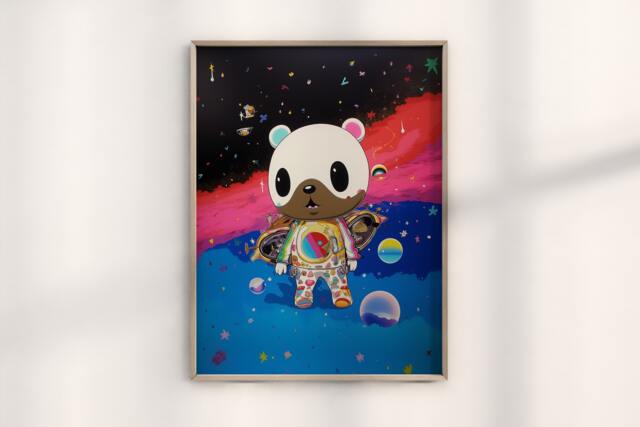 Takashi Murakami Kawaii Bear in Space Print, Colorful Pop Art, Unique Japanese Modern Collectible Wall Decor, Hypebeast Print - image 1