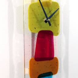 Mid Mod Fused Glass Wall Clock, Mid-Century Inspired Timepiece, Colorful Decor - thumbnail 2